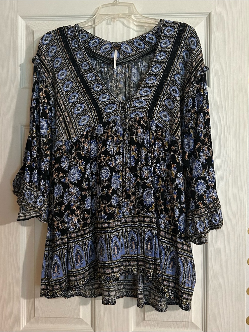 Free People Black and Blue Floral Boho V-Neck Tunic